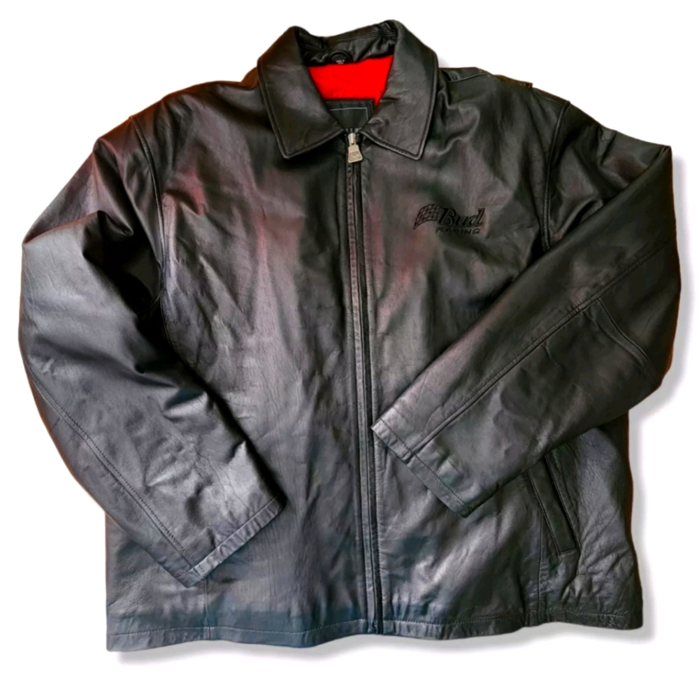 Vintage Budweiser Racing Size XL Black Leather Jacket Zip Up Official St Louis
